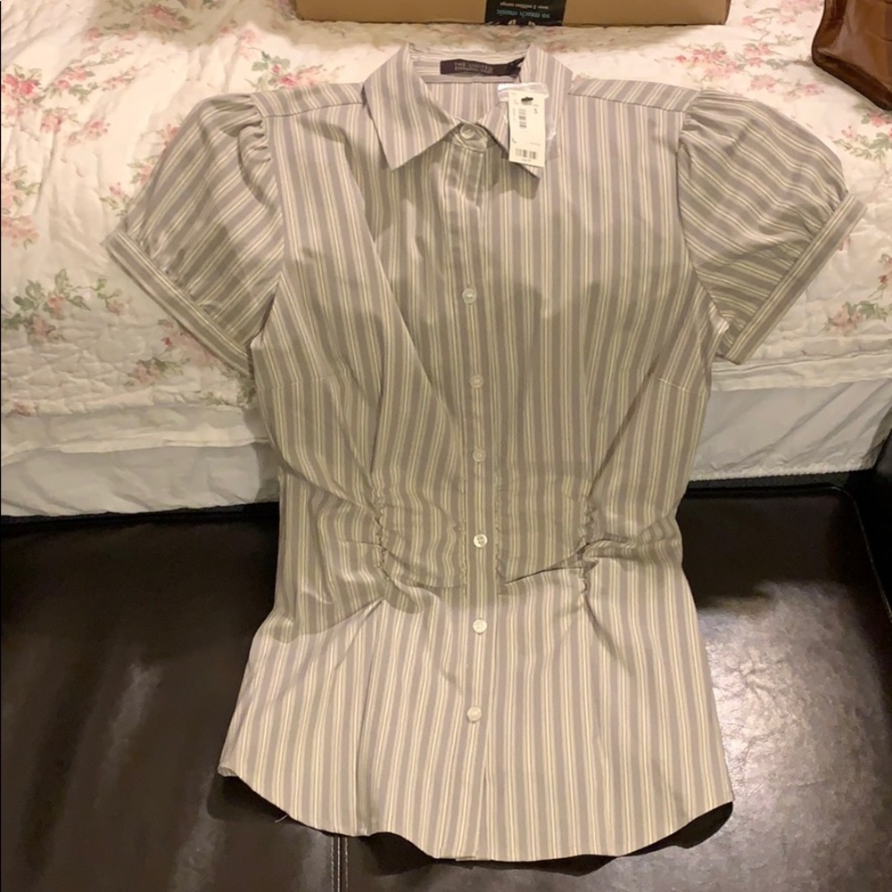 Grey and white strip short sleeve button up shirt